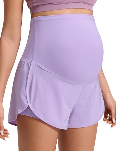 CRZ YOGA Maternity Dolphin Workout Shorts 3' Lilac Medium | Super High Rise, Liner with Pockets, Quick Dry, Lightweight, Side Split, U-shaped Belly, Pregnancy and Postpartum
