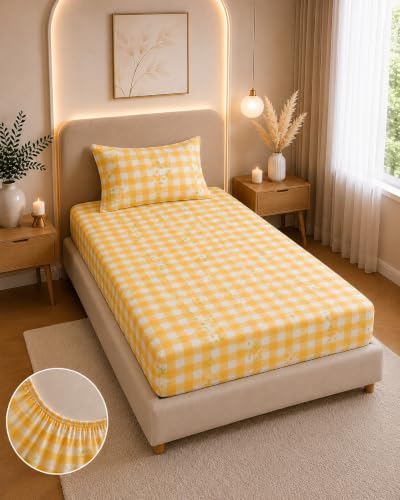 Image of la' amour Single Fitted Bedsheet with 1 Pillow Cover, Soft Breathable Elastic Bed Sheet for Single Bed, Premium Printed Bedsheet with All Around Elastic - 36 x 72 + 6 Inches, Yellow White Checks