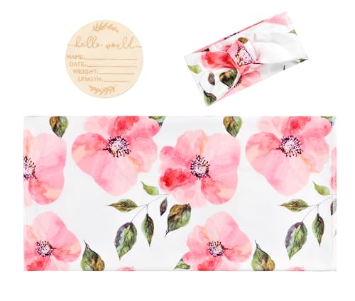 Image of Newborn Floral Print Blanket Baby Stretch Wrap Swaddle Receiving Blanket with Matching Headband and Name Card (Pink and Red)