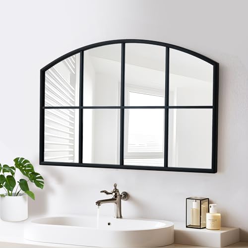 Arched Window Pane Mirror 42x26 Cathedral Black Farmhouse Window Metal Arch Wall Grid Mirror for Bathroom Fireplace Entryway Bedroom Living Room Hallway Hanging or Leaning Against Wall