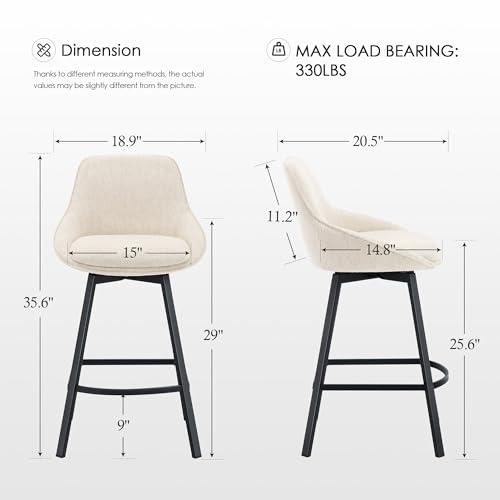 Image of Zesthouse Swivel Bar Stools Set of 2, 26'' Modern Counter Height Bar Stools with Low Backs & Metal Legs, Upholstered Metal Counter Height Chairs, Beige Linen Fabric Island Chairs for Kitchen Counter