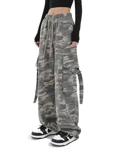 REFRASE LIFE Women's High Waisted Cargo Pants 6 Pockets 100% Cotton Fabric Camo Trousers