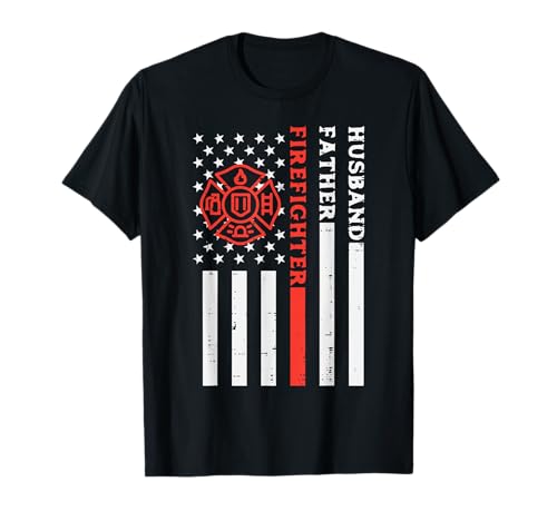 Marido padre bombero bandera de línea roja patriótico padre hombres Camiseta