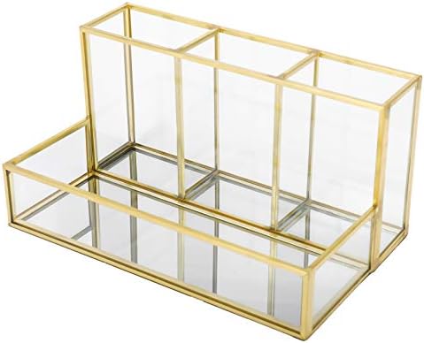 Homtone Makeup Brush Holder,Vintage Clear Glass Cosmetic Brush Makeup Organizer with Mirror Tray for Storage Perfume Nail Polish Lipsticks, 4 Compartments