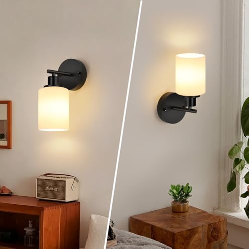 Image of Set of 2 Wall Sconces for Bathroom,Black Modern Vanity Lights with Milky White Frosted Glass Shades,Bathroom Wall Lamp, for Bathroom, for Mirror, Living Room, Kitchen, Hallway, Cabinet, Porch