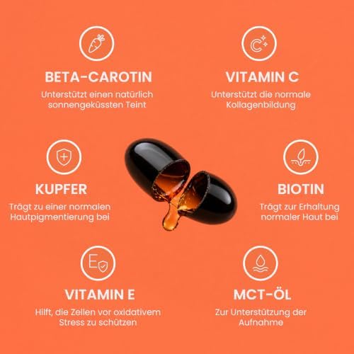 Betakaroten Gold® Beta Carotin Kapseln, 6 mg für sanfte Bräune von innen - Norwegische Qualität - 60 Kapseln - vegan - mit Kokosöl, Biotin, Kupfer & Vitamin C,A,E - 3-Monats-Vorrat