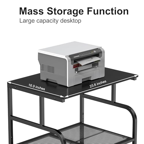 Image of niffgaff Mobile Printer Stand with Large Desktop - 3 Tier Shelf, 24.4 Inch Height, Wooden Organizer for Home&Office, Black
