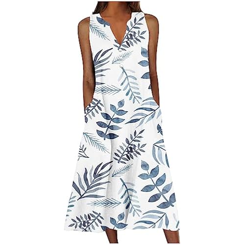 SMIDOW Women's Summer Design Casual Dress Sleeveless V-Neck Dress with Pockets Loose Flowy Swing Pleated Long Beach Dress