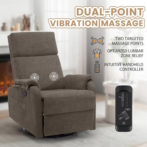 Image of Korser Swivel Rocking Recliner with Massage, Small Glider Chair for Nursery, Modern-Designed Armrests Chair for Adults Living Room, Chenille, Brown