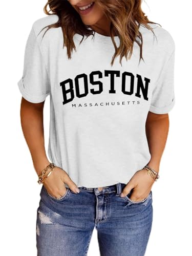 LINDOCITA Womens Boston Graphic Tees Summer Cute Loose Fit Short Sleeve Tshirt Shirts for Teen Girls White S