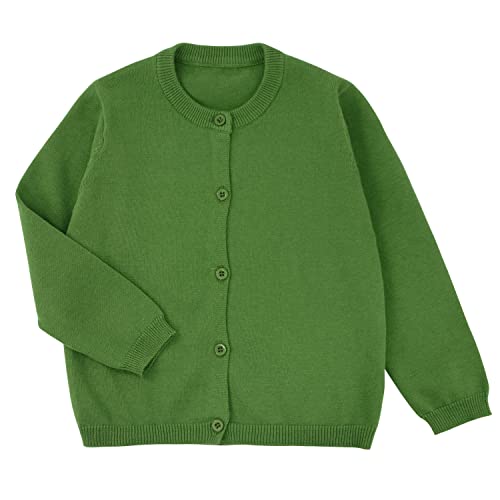 POBIDOBY Girl's Sweater Cotton Crew Knit Neck Long Sleeve Uniform，Cotton Cardigan Sweaters., Green, 7 Years
