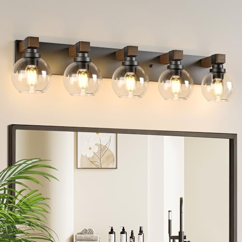 Image of LmnLvn Farmhouse 5-Light Bathroom Vanity Light, Wood & Metal Glass Shade