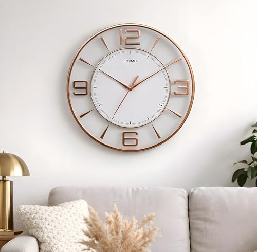 Image of Amazon Brand - Solimo 12 Inches Silent Wall Clock for Living Room Bedroom Office Wooden Look Plastic 3D Easy to Read Numbers Modern Stylish Sweep Movement Wall Clock for Home - 1611TS (White Copper)