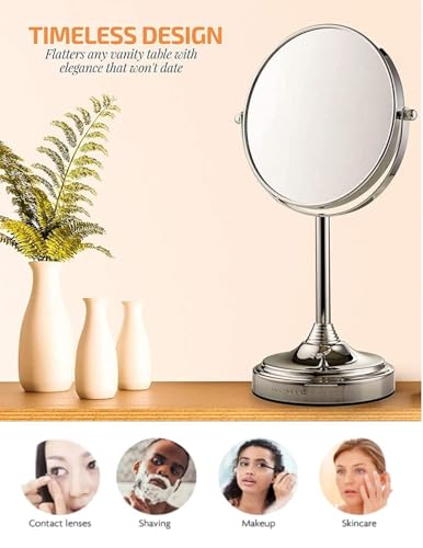 Image of OVENTE 7 inch Tabletop Magnifying Makeup Mirror, Polished Chrome MNLCT70CH1X7X | Double Sided Vanity Standing Mount Mirror with 1X /7X Magnification, 360 Rotation, Perfect for Dresser Bedroom Office Desk