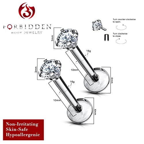 16 G Titanium Internally Threaded Tragus Piercing Jewelry Cz Top Flat Back Piercing Nose Studs Earring, Helix, Cartilage, Labret, Monroe For Women Or Men (10Mm/3Mm X2)… #TOP1