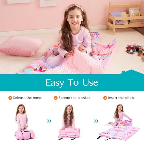 Image of JOIEDOMI Toddler Sleeping Bag for Kids 55''x30'' Nap Mat with Removable Pillow and Minky Blanket for Toddler Ages 3-7 Roll Up Soft Kids Sleeping Bag for Boys Girls Kindergarten Daycare Sleepover