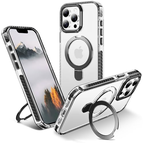 U UMIONE for iPhone 15 Pro Max Magnetic Clear Case with Ring Stand, Black