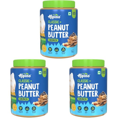 Image of Alpino Classic Peanut Butter Crunch 1 KG | 90% Roasted Peanuts | High Protein Peanut Butter Crunchy | Gluten-Free (Pack of 3)