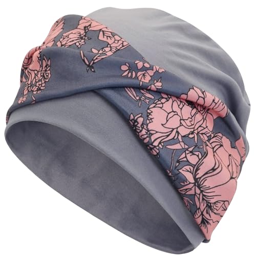 LIMHOO Turbante cruzado con estampado floral bohemio para mujer, gorro elástico para quimioterapia y pérdida de cabello, gris, Talla única