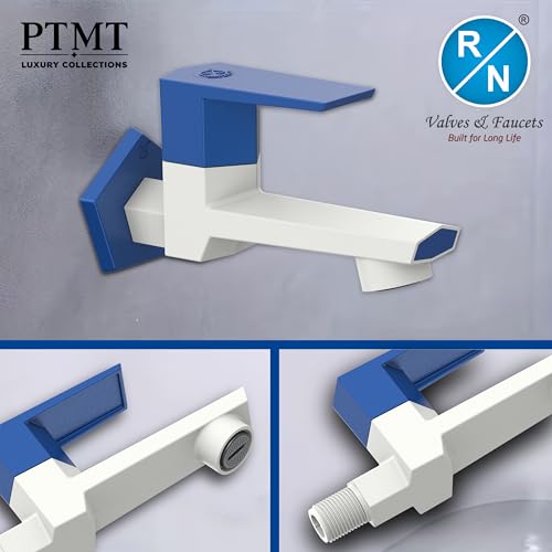 Image of RN PTMT Long Body Bib Cock for Bathroom | 15mm Long Body Foam Flow Water Tap with Flange | Luxury G20 Collection Faucet | High-Grade Engineering Polymer Tap (White Metallic Blue Dual, Pack of 1)