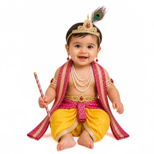 Image of ITSMYCOSTUME Krishna Dress for Baby Boy Kids Set of 10(Dhoti,Patka,Hip Cover,Mukut,Morpankh,Bansuri,Kamarband,Bajuband,Kundal) Little Krishna Ji Kanha Janmasthmi Costume for Kids