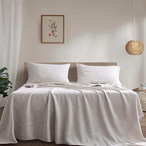 Higorl 100% Linen Sheets Set Queen Size, 4 Pieces Natural Linen Bed Sheet, Breathable and Durable Flax Bed Set, Washed French Linen Sheet (Linen)