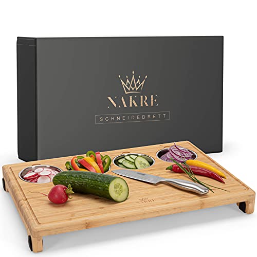 NAKRE Planche à Découper en Bois (Bambou) Grand Modèle 48.2x33x5.1cm Planche Bois à Découper avec 4 Bacs de Récupération en Inox et Rainure à Jus pour la Cuisine Cover