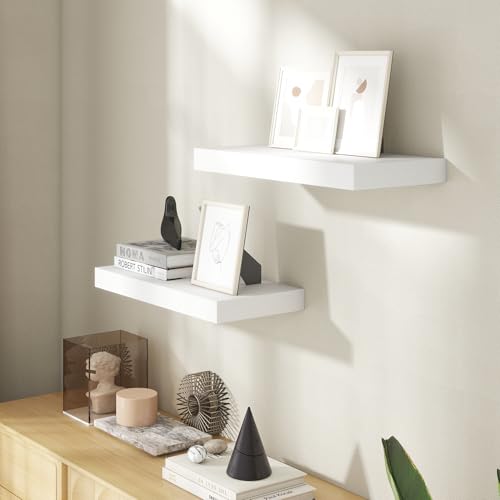Image of 20 Inch Floating Shelves for Wall, 8 Inch Deep Floating Shelf for Storage & Display, Rustic Wall Mounted Shelf with Invisible Brackets for Living Room, Kitchen, Bathroom, Home Decor, Set of 2, White