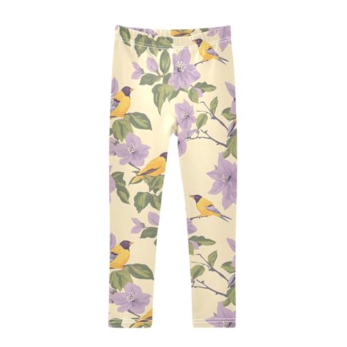 Purple Flower Bird Girls Leggings Soft Stretch Workout Yoga Dance Pants for Kids Casual Tights
