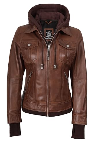 Image of Womens Leather Jacket with Detachable Hood - Real Lambskin Bomber Jacket Thumbholes Women