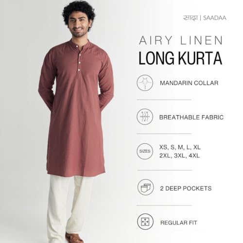 Image of SAADAA Men's Long Kurta - Linen Cotton Blend, Airy Fabric, Regular Fit, Mandarin Collar, Solid Color - Casual, Festive & Ethnic Wear
