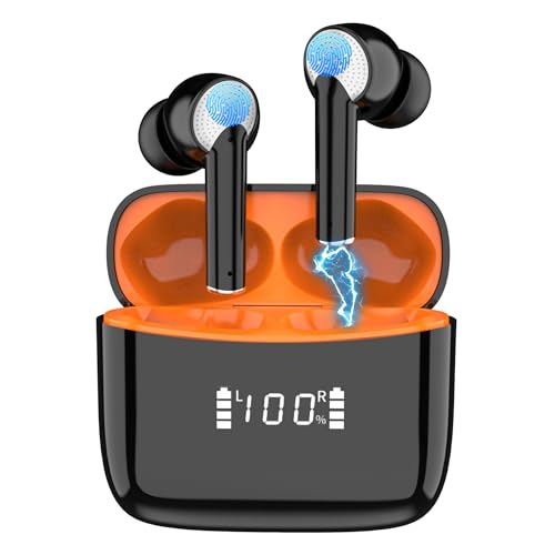 Carviki Earbuds Bluetooth 5.3 Headphones Wireless with Dual Power Display 50H Playtime in-Ear Sport Earphones with Mic IPX7 Waterproof,Hifi Music & Clear Call for Workout,Fast Charging Orangeblack