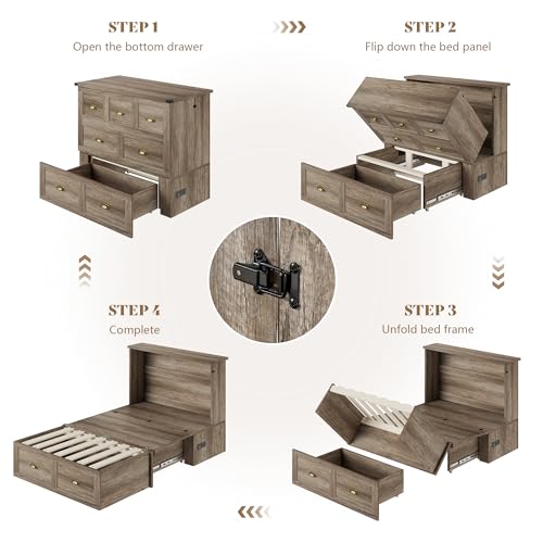 Image of AMERLIFE Twin Size Murphy Bed, Farmhouse Wooden Cabinet with Charging Station and Storage Drawer for Bedroom /Office /Guest Room, Grey Oak