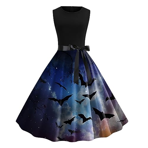 Disfraces de Halloween para mujer, cuello redondo, estampado vintage, vestido de cóctel sin mangas, vestido de cóctel acampanado, vestido de encaje de bruja, vestido de fiesta de Halloween, azul, XXL