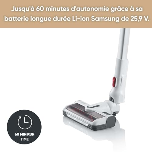 SEVERIN Aspirateur balai multifonctions 25,2V sans fil, 60 min. d'autonomie, brosse High-Speed, éclairage LED, filtre HEPA, HV7166, Blanc, 400 W