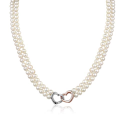 Massete White Round Freshwater Cultured Pearl Double Strand Necklace For Women Sterling Silver Rose Gold Plated Double Heart Clasp 4.5Mm 18" #TOP28