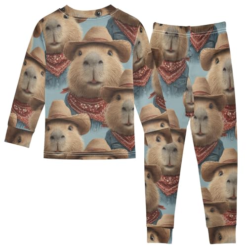 Pajama Sets Long Sleeve Four Capybara Cowboy Characters Soft Comfy Sleepwear 2 Piece PJS 3-8T3