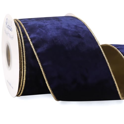 Image of Ribbli Navy Velvet Wired Ribbon 4 Inch Metallic Navy Gold Crushed Velvet Christmas Ribbon for Gift Wrapping Christmas Tree Decoration Crafts Wreaths Supplies-Continuous 10 Yards
