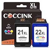 COCCINK 21XL 22XL Printer Ink Cartridge Replacement for HP Deskjet F335 F380 F4180 F2210 D1420 D1520 D1530 D1560 PSC 1410 Officejet 4315 J3680 for HP Ink 21 22 XL Combo Pack 21/22(1 Black 1 Color)