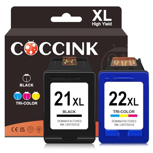 COCCINK 21XL 22XL Printer Ink Cartridge Replacement for HP Deskjet F335 F380 F4180 F2210 D1420 D1520 D1530 D1560 PSC 1410 Officejet 4315 J3680 for HP Ink 21 22 XL Combo Pack 21/22(1 Black 1 Color)