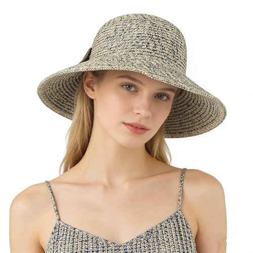 Sombrero de paja ancho para mujer con moño azul miniatura 3