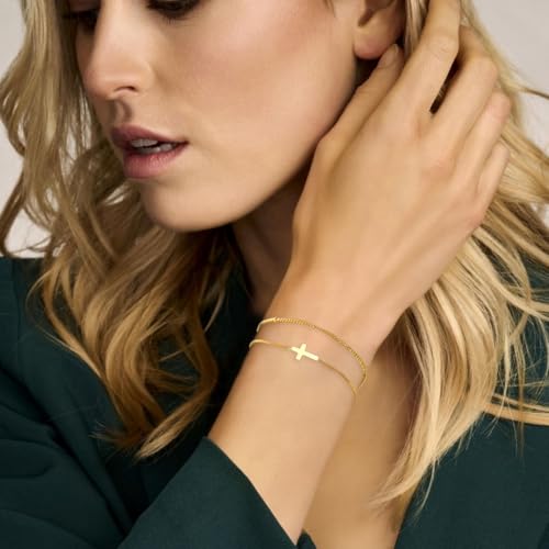 Cross Bracelet for Women，Dainty 14k Gold Plated Pearl Bridesmaid Bracelets for Women Small Wrist, Trendy Stack Thin Chain Sunflower Bracelet Gold Jewelry for Womens Baptism Gift2