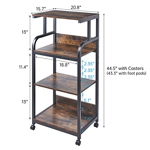 4-Tier Printer Stand with Adjustable Storage Shelf, Large Tall Printer Table with Wheels for Home Office Small Spaces Organization, Rustic Brown