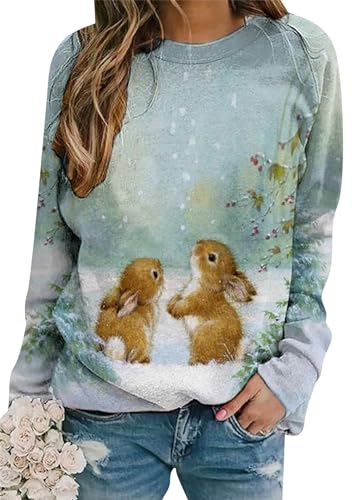 Image of Women's Easter Basic Sweatshirt Crew Neck Long Sleeve Sweatshirt Casual Loose Sweatshirt with Rabbit Print