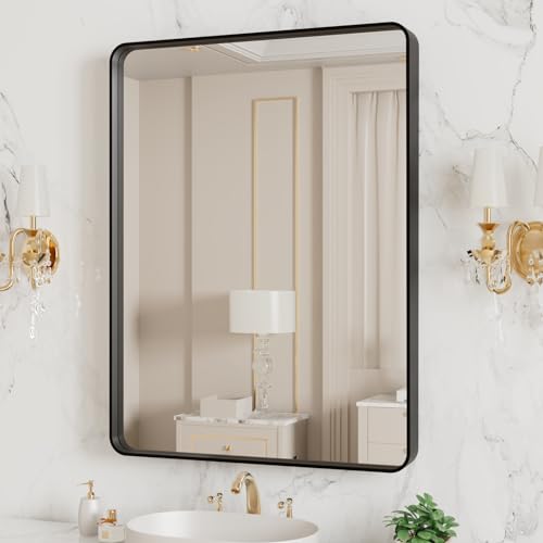 LOAAO 20X16 Inch Black Metal Framed Bathroom Mirror for Wall, Matte Black Bathroom Vanity Mirror Farmhouse, Large Rounded Rectangle Mirror, Anti-Rust, Hangs Horizontally or Vertically