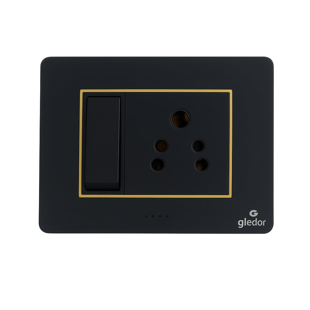 SEER Black Modular Switch and Socket Combo, 16A Switch with 6/16A 3-Pin Socket, Gold Trim
