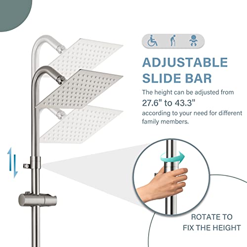 Aolemi Wall Mount Brushed Nickel Outdoor Shower Kit 6 Inch Square Rainfall Shower Head With Handheld Sprayer 2 Cross Handles With Adjustable Slide Bar Exterior Dual Function Shower Combo #TOP1