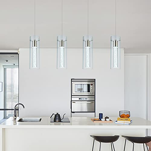 Image of Kitchen Lighting Pendant Fixtures 4-Light LED Pendant Ceiling Fixture Brushed Nickel Bubble Cylinder Pendant Light with Adjustable Length for Kitchen Island Dinning Room Bedroom