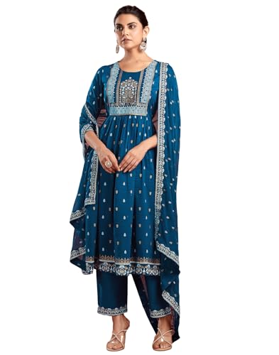 Image of SKYLEE Women's Printed & Gota Lace Cotton Silk Anarkali Kurta Set with Dupatta