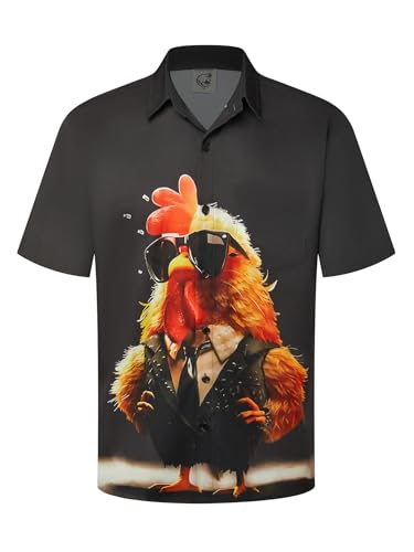 Hardaddy Men's Gongfu Rooster Chest Pocket Printed Short Sleeve Button Down Summer Casual Shirt Grass Black XL